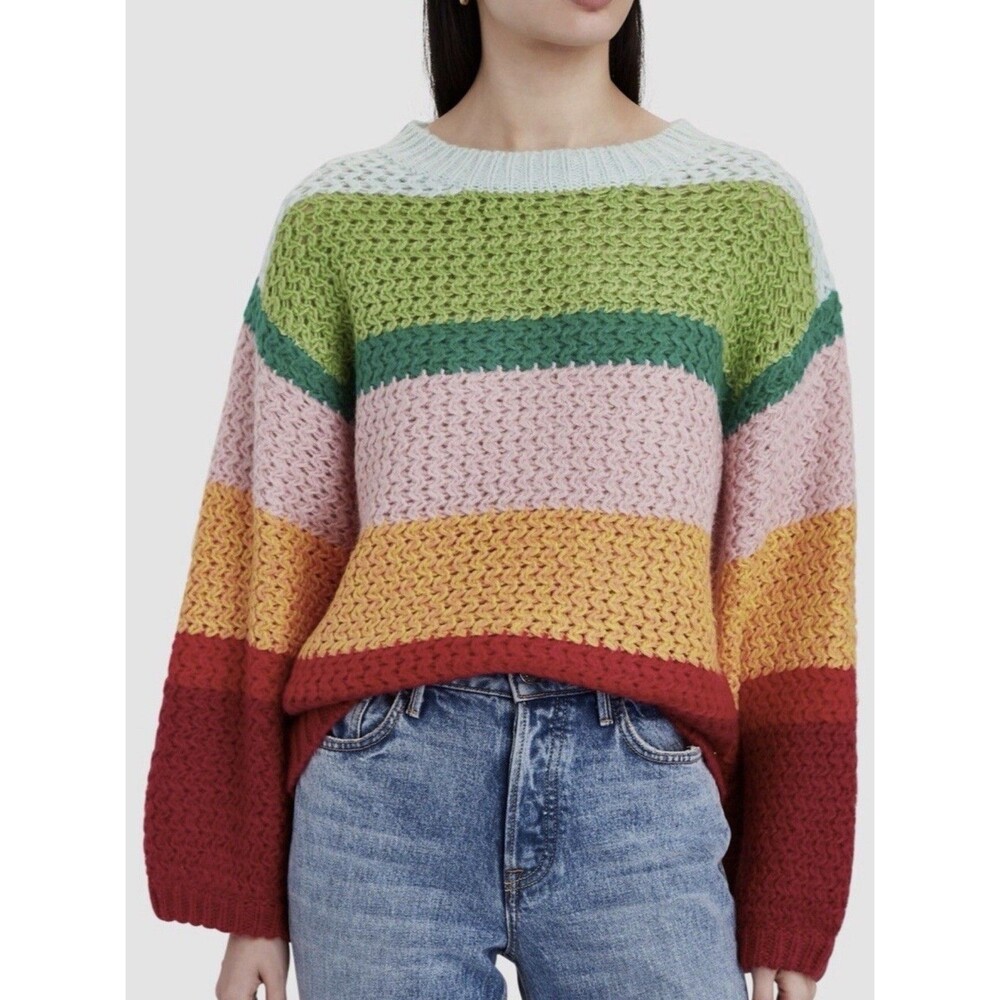 FARM Rio Women’s S Multicolor Rainbow Stripe Open Knit Crewneck Sweater Wool